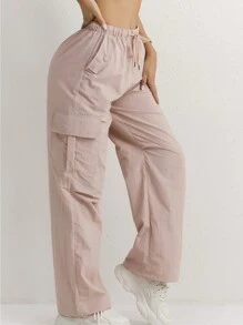 Women Casual Loose Elastic Waist Cargo Pants - Dusty Pink - View 2