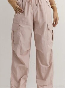 Women Casual Loose Elastic Waist Cargo Pants - Dusty Pink - View 4