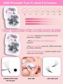 240pcs 5D 10D Single Length Tray 8-15mm 0.07mm Thickness D-Curl Pointed Promade Fluffy Loose Eyelash Extensions, Handmade Individual Lashes - D - View 3