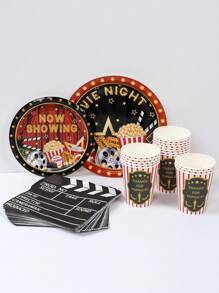 44pcs/Set Movie Night Theme Cinema Popcorn Pattern Disposable Tableware, Clapperboard Shaped Napkins, Disposable Dining Plate, Paper Cup, Family Holiday Movie Night Party Decoration Supplies - Multicolor - View 3