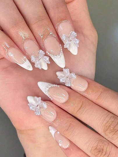 24Pcs Gloss Medium-Length Almond Press On Nails White French With Faux Pearl & 3D Bow Decorated False Nails Valentine'S Nails Sweet Style For Women Girls Dating Fake Nails Art Nail Supplies Nails