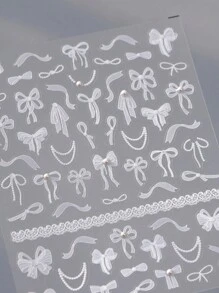 1pc White Bowknot Design 5D Nail Art Sticker With Pearl Self Adhesive Lace Ribbons Bowtie Butterfly Decals Nail Art Decoration