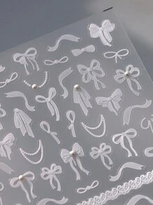 1pc White Bowknot Design 5D Nail Art Sticker With Pearl Self Adhesive Lace Ribbons Bowtie Butterfly Decals Nail Art Decoration