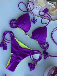 女士露背系带性感高端比基尼 2025 新款编织分体泳衣套装 - 紫色 - 查看 1