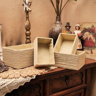 纸绳储物篮用于整理货架橱柜抽屉的容器箱，储物篮，手工编织储物篮，储物整理器，洗衣篮，精致的杂物储物篮，坚固耐用