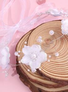 1 件装新娘婚礼花环女士白色花朵珍珠头饰配长丝带优雅花环婚礼节日花卉头饰花环新娘伴娘花童头饰婚礼派对节日礼物花环女士发饰 - 白色 - 查看 3