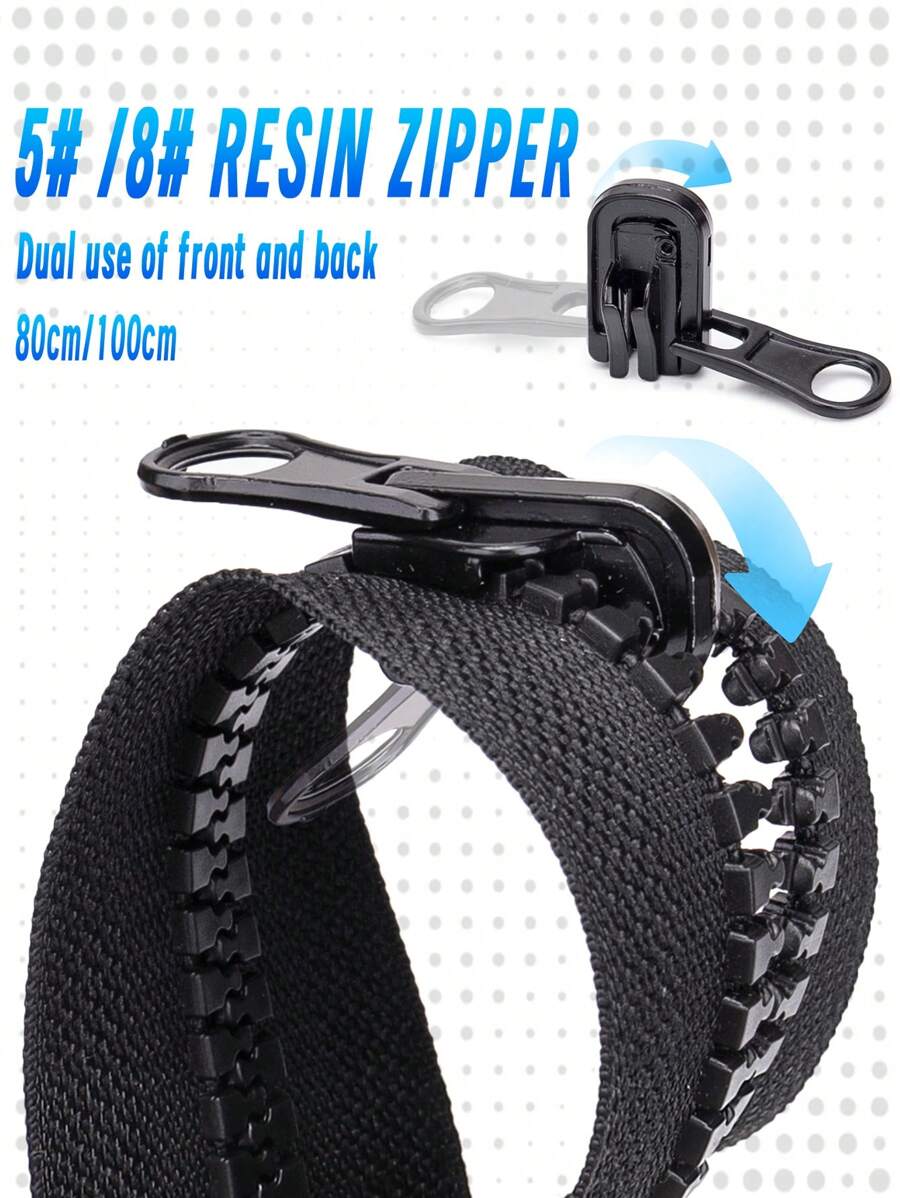 1pc 5#/8# Resin Spiral Zipper, Length 80cm/100cm/150cm/200cm, Single-Headed & Double-Headed Double-Ended Styles Available, Reversible, Suitable For Clothing, Sleeping Bags, Tents, Etc. - 322# Black - View 1