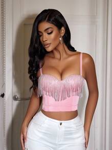 Apperloth A Rhinestone Chain Fringe Trim Backless Corset Bustier Boned Crop Cami Party Top Valentines Clothes Rave Party Music Festival