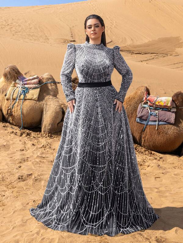 Faeriesty Robe de soirée glamour grande taille avec perles : Robe ligne A à col montant et manches longues pour galas, bals du soir, tapis rouge, cérémonies de remise de prix, mariages