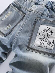 1pc Kids' Distressed Denim Jeans With Dinosaur Print Back Pockets, Elastic Waist Loose Fit Casual Trousers For Boys, Spring