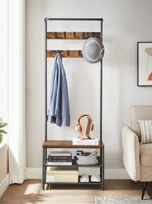 VASAGLE Perchero Zapatero, Perchero Recibidor, con Banco Zapatero, 9 Ganchos Extraíbles, Barra Superior, Marrón Rústico y Negro - Óxido marrón - Ver 4