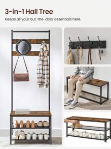 VASAGLE Perchero Zapatero, Perchero Recibidor, con Banco Zapatero, 9 Ganchos Extraíbles, Barra Superior, Marrón Rústico y Negro - Óxido marrón - Ver 5