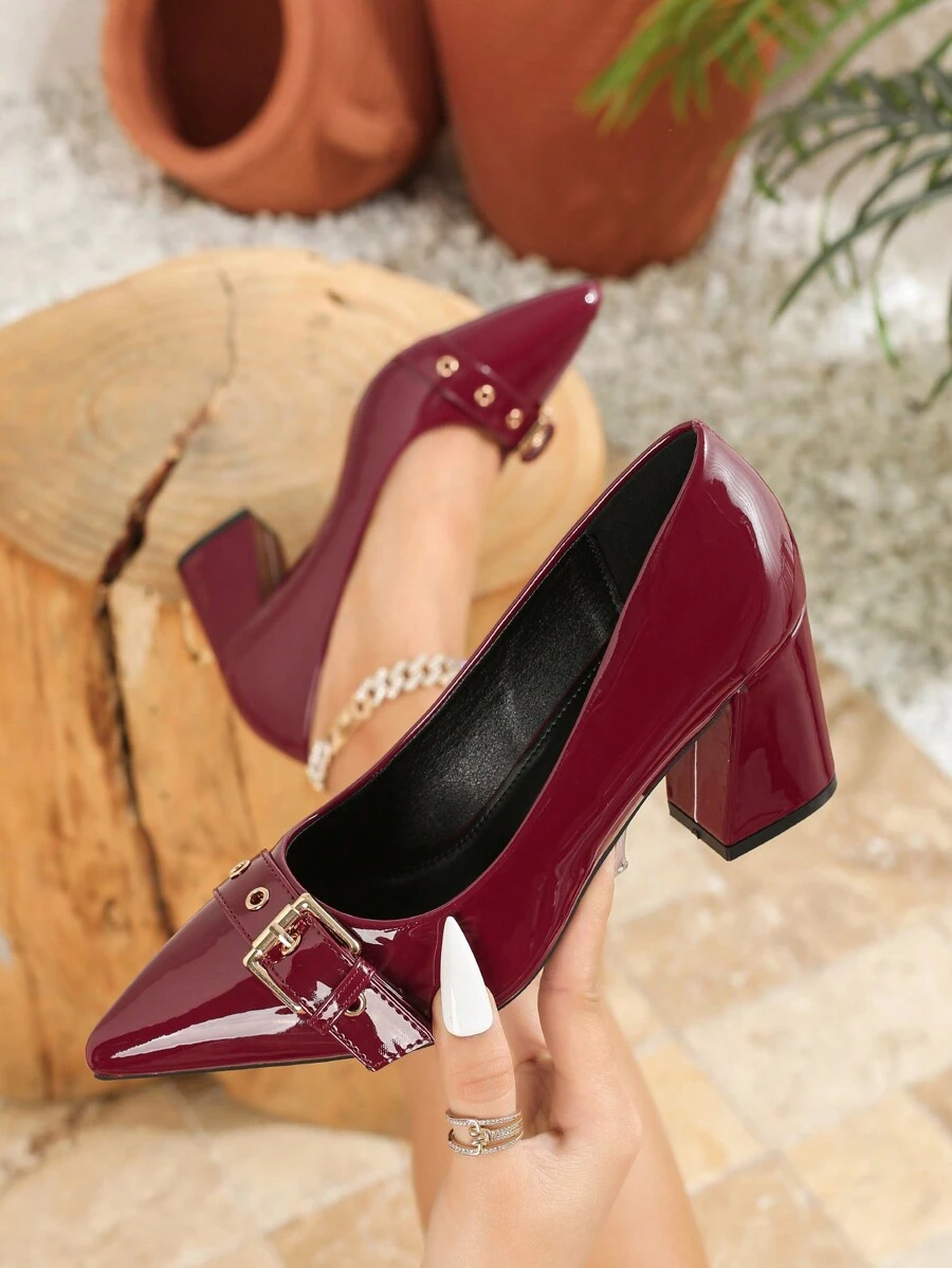 Tacones altos de tacón grueso con punta puntiaguda, talla grande, color borgoña - Burdeos - Ver 1