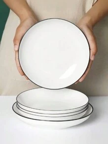 4 件套陶瓷盘子，日式简约意大利面/米饭、沙拉、甜点/三明治盘子，适用于烤箱、微波炉和洗碗机，白色简约设计