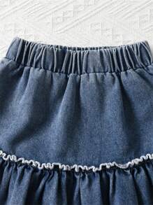 年轻女孩牛仔无袖翻领夹克和牛仔迷你裙套装 - 深色水洗藍 - 查看 6