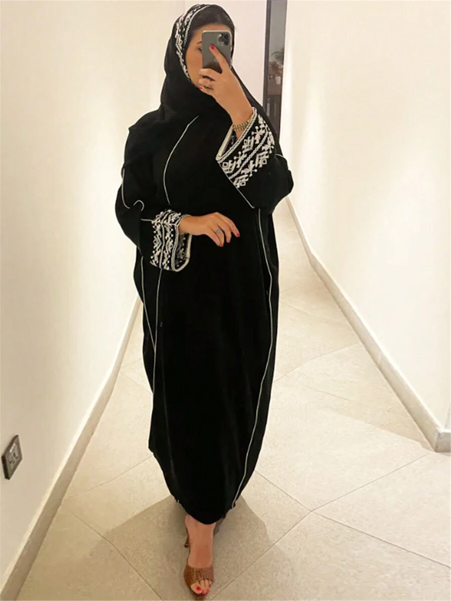 Long Kaftan Cardigan With Hood, Contrast Trim, White Embroidery Drop Shoulder Long Sleeve, Saudi National Day Outfit - Black - View 1