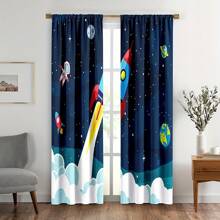 1 Set / 2 Stück Cartoon Weltraum Vorhänge, 100% Polyester halbtransparent - UV-Schutz Gardinen, mit Motiven von Galaxie, Rakete, Astronaut, Universum, Planet Fensterdekorationen, coole 3D-bedruckte Fenstervorhänge mit Themendesign