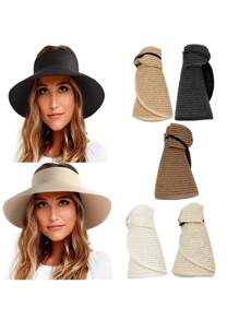 Sun Visor Hats For Women Wide Brim Straw Roll-Up Ponytail Summer Beach Hat UV UPF Packable Foldable Travel Boho - A - View 1