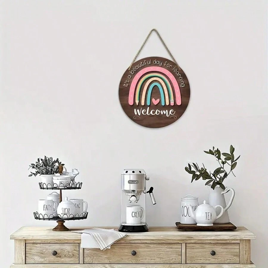 1 块木制教室门牌 - 彩虹欢迎牌 - 适合作为教师礼物 教室墙壁艺术挂饰 - 彩色 - 查看 1