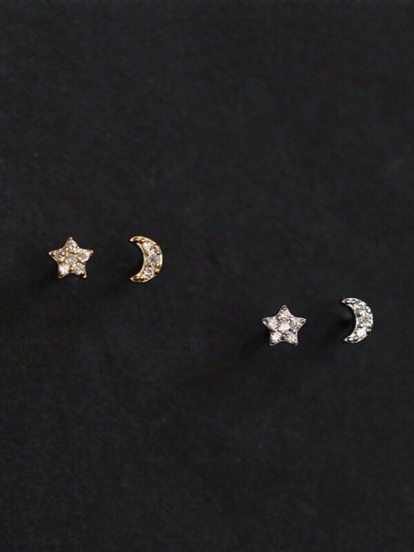 1 Pair Minimalist 925 Sterling Silver Star & Moon Asymmetric Earrings, Korean Jewelry Gift For Women, Friends, Birthday
