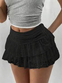 Women's Summer Lace Floral Skirt High Rise Tiered Ruffled Flowy Short Mini A Line Skirt Streetwear - Black - View 3