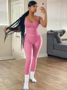 OFFBRACE Casual Workout Sets Two Piece Outfits For Women Ribbed Crop Tank Top High Waist Yoga Leggings Active Wear - 粉色 - 查看 5