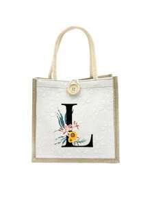 Daisy Flowers Initials Pattern Handbag,Letters A-Z Printed Linen Handbag,Small Floral Linen Button Decorative Handbag - White - View 21