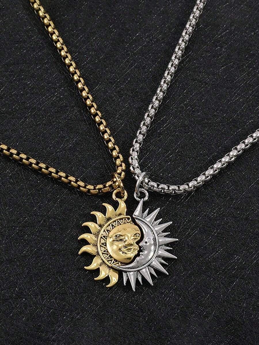 1 Pair (2pcs) Asymmetric Sun & Moon Design Titanium Steel Necklaces, Couple Jewelry, High-End Casual Minimalist Accessories - Necklace - View 1