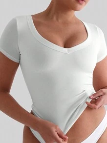 Women's Solid V-Neck Short Sleeve Sexy Fitted Y2K Style T-Shirt, Summer - 白色 - 查看 10