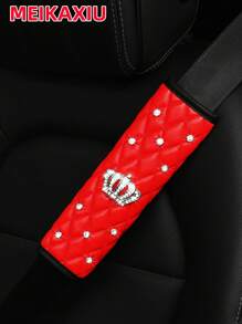 1pc Soft PU Faux Sheepskin Crown Decorated With Artificial Diamonds Blingbling Car Shoulder Pad For Seatbelt Length 9.05 Inches, Automotive