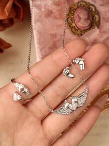 Bộ Trang Sức Thời Trang Châu Âu Và Mỹ Bạc S925 Mới: Nhẫn Thiên Thần, Vòng Cổ, Bông Tai, Món Quà Tuyệt Vời Cho Gia Đình Và Bạn Bè - bộ - Xem 1