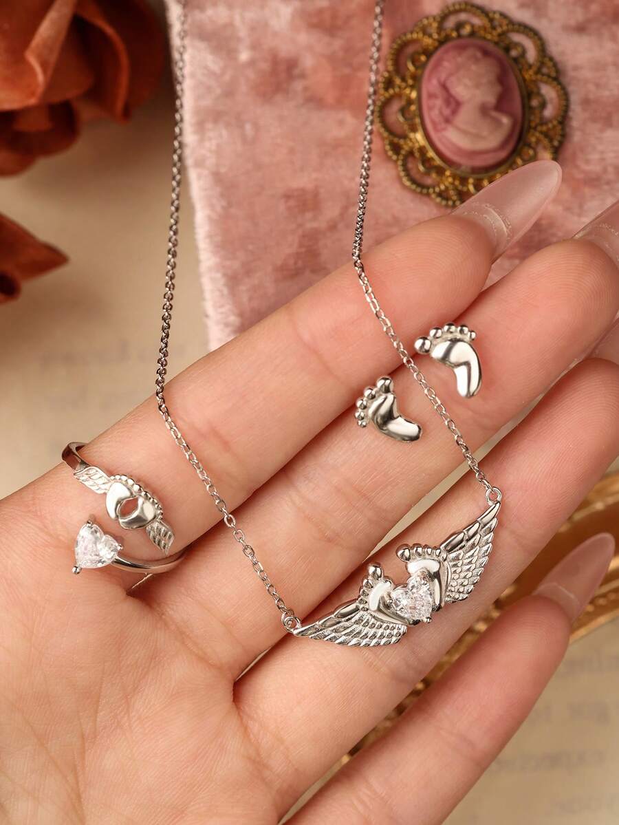 Bộ Trang Sức Thời Trang Châu Âu Và Mỹ Bạc S925 Mới: Nhẫn Thiên Thần, Vòng Cổ, Bông Tai, Món Quà Tuyệt Vời Cho Gia Đình Và Bạn Bè - bộ - Xem 1