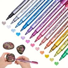 12Pcs Metallic Markers Set, Waterproof & Fade-Resistant Colored Paint Pens For Rock Painting, Crafts, DIY Photo Albums, Wood, Plastic, Ceramic, Glass, Metal, Stone, Fabric, Leather, And Paper