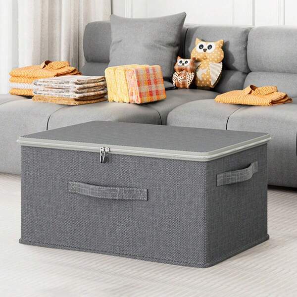 1pc Cationic Solid Color Minimalist Foldable Washable Storage Box With Cover, Multi-Functional Wardrobe Clothes Quilt Dust-Proof Waterproof Organizer Box (Without Lock)