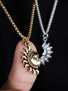 1 Pair (2pcs) Asymmetric Sun & Moon Design Titanium Steel Necklaces, Couple Jewelry, High-End Casual Minimalist Accessories - Necklace - View 2