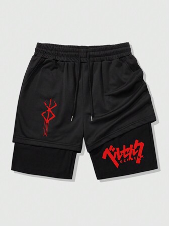 Shwiy Herren Streetwear Lässig Shorts mit Kordelzug und grafischem Aufdruck, 2-in-1 Design, roter Buchstabenaufdruck, Taschen, geeignet für den täglichen Gebrauch, Sport, Fitness, Laufen