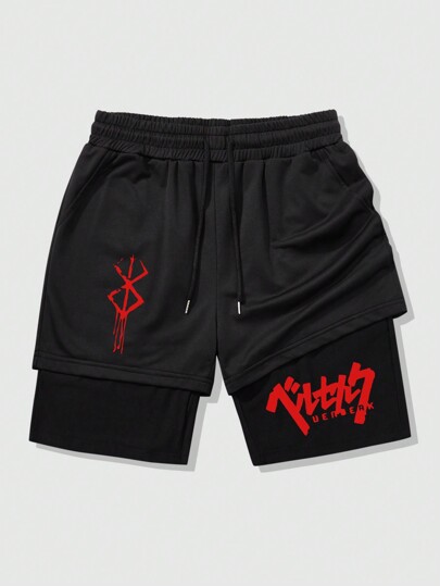 Shwiy Streetwear Casual Shorts med dragsko för män med grafiskt tryck, 2 i 1-design, rött bokstäver, fickor, lämpliga för dagligt bruk, sport, fitness, löpning