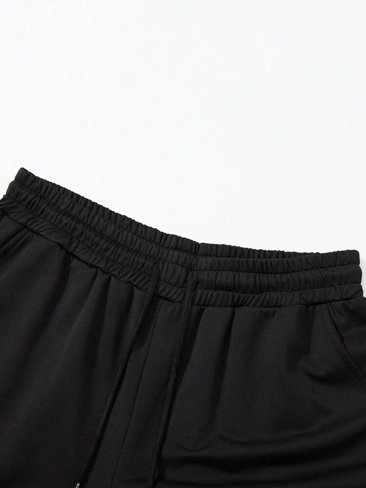 Shwiy Pantalon à cordon de serrage avec imprimé graphique minimaliste de mode de rue pour hommes, short de sport casual à poches bicolore rouge, idéal pour le fitness et la course - Noir - Voir 3