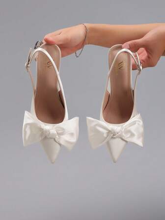 Höst/Vinter 2025 Dam Rosettknut Spetsig Tå Superhög Klack Mode Satin Fest Bröllop Vita Stilettsandaler, Eleganta, Dampumps, Eleganta, Spetsig Klack