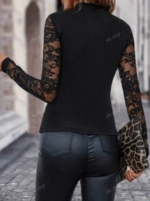 Women's Contrast Lace Sexy Honeymoon Vacation Style Slim Casual T-Shirt, Spring/Summer