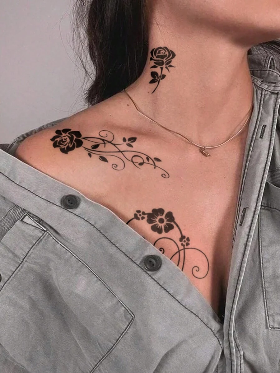 2 件套黑色独角兽、彩虹花、心形、玫瑰 Y2K 迷你图案临时纹身，适用于手指、手腕、肩膀、颈部、锁骨、节日、派对、日常穿着 - 黑色 - 查看 1