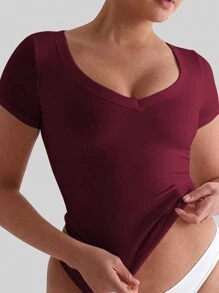 Women's Summer Solid Color V-Neck Short Sleeve Sexy Cinched Waist Y2K Fitted T-Shirt - 酒紅色 - 查看 10