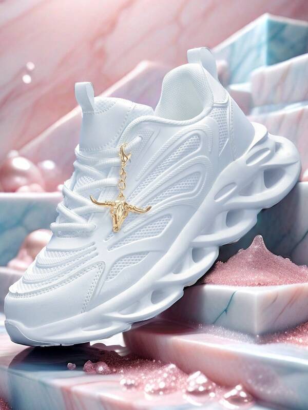 Casual Women Outdoor Sport Shoes With Gold Bull Metal Decor, Large Size Couple Summer Breathable Quick-Dry Mesh Sandals 35-46, Lightweight Soft Bottom Shock Absorbing Plus Size Women Sport Shoes, Pure White Fashionable Casual Sneakers For College Students, Round Toe Simple Lace-Up Shoes For Daily Wear, Walking, Fitness, Work,Thick Sole Non-Slip Dress Shoes For Young Adults