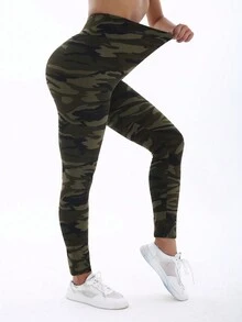 Spring/Summer Women Casual Fashionable Leggings With Gray Green Camouflage Pattern, Soft Comfortable Stretchy Skinny Pants For Fitness, Workout, Running, Weight Lifting, Home Stretching, Squatting Yoga, Outdoor Activity, 7/8 Length