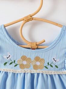 Young Girl Casual Fashion Floral Embroidery Ruffle Trim Dress