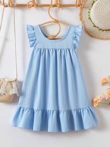 Young Girl Casual Fashion Floral Embroidery Ruffle Trim Dress