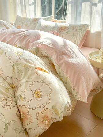 4pcs Floral Bedding Set (1 Duvet Cover, 2 Pillowcases, 1 Flat Sheet), Pastoral Style, Warm & Comfortable, No Filler, Suitable For Single Bed/Double Bed/Queen Bed, All Seasons
