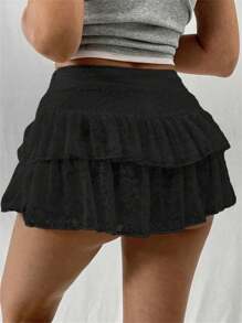 Women's Summer Lace Floral Skirt High Rise Tiered Ruffled Flowy Short Mini A Line Skirt Streetwear - Black - View 5