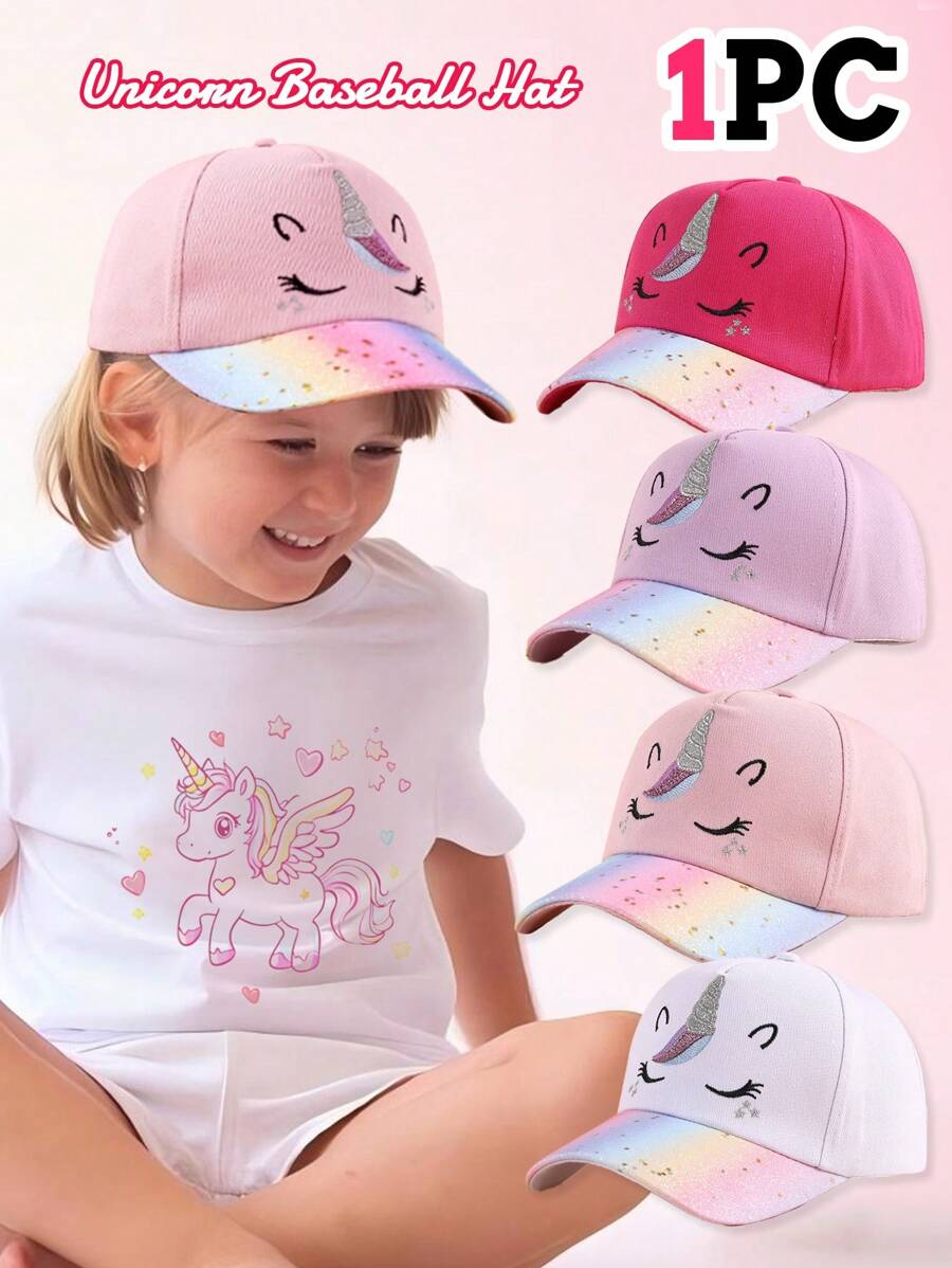 1 件儿童独角兽棒球帽，时尚渐变亮片设计帽子适合 4-6 岁女孩，户外休闲穿着 - 彩色 - 查看 1