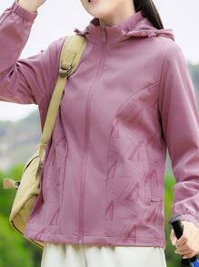 1pc Women's Sportswear Jacket With Detachable Hood, Wind-Resistant Hooded Windbreaker For Running, Hiking, Outdoor Sports, Spring/Autumn